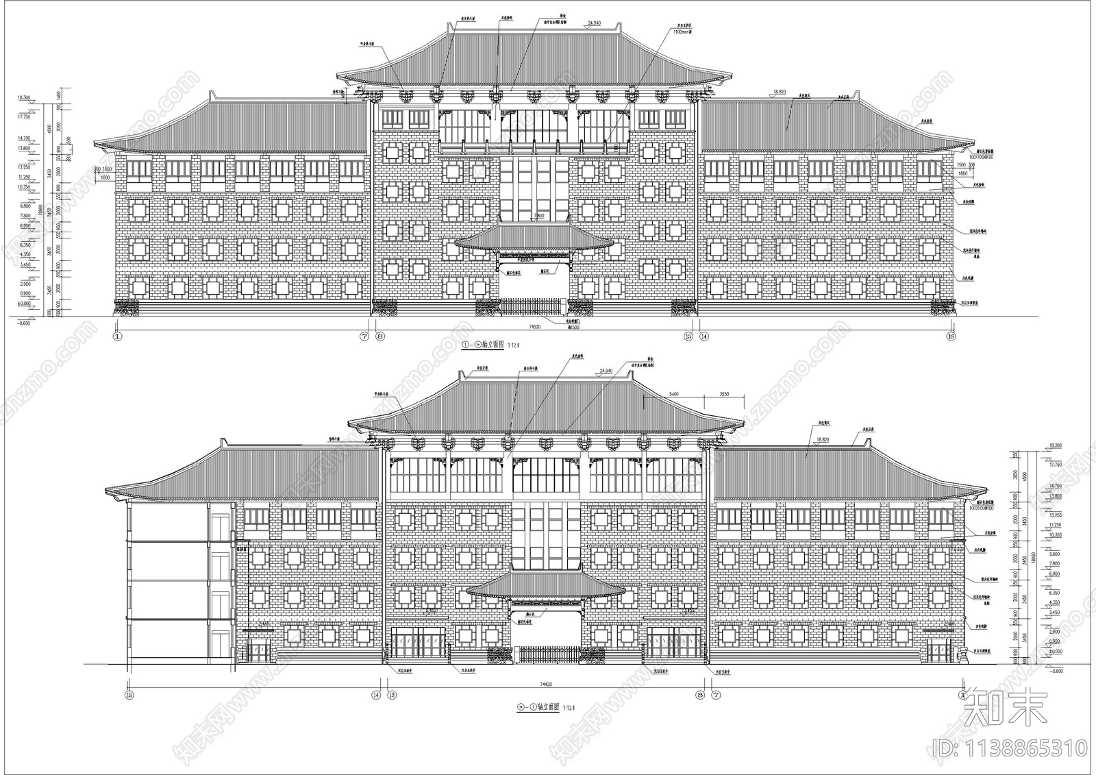 中式4层教学楼建筑cad施工图下载【ID:1138865310】