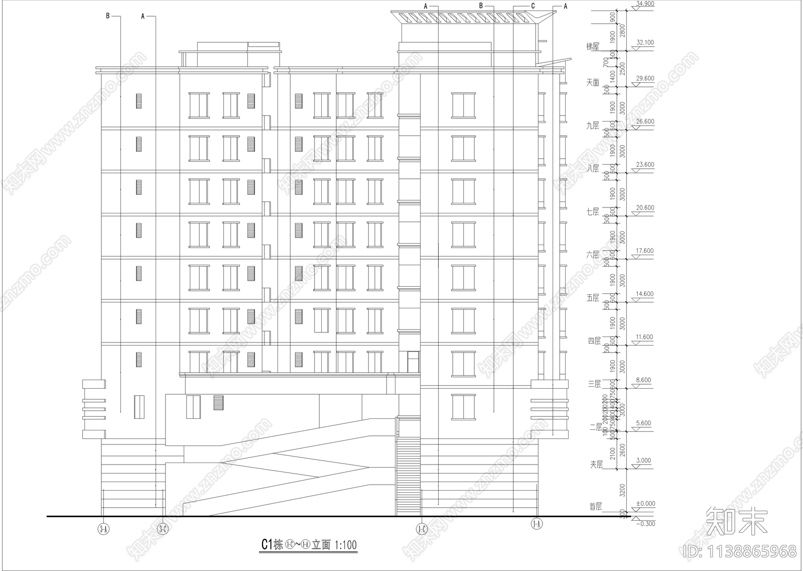 转角九层住宅楼建筑cad施工图下载【ID:1138865968】