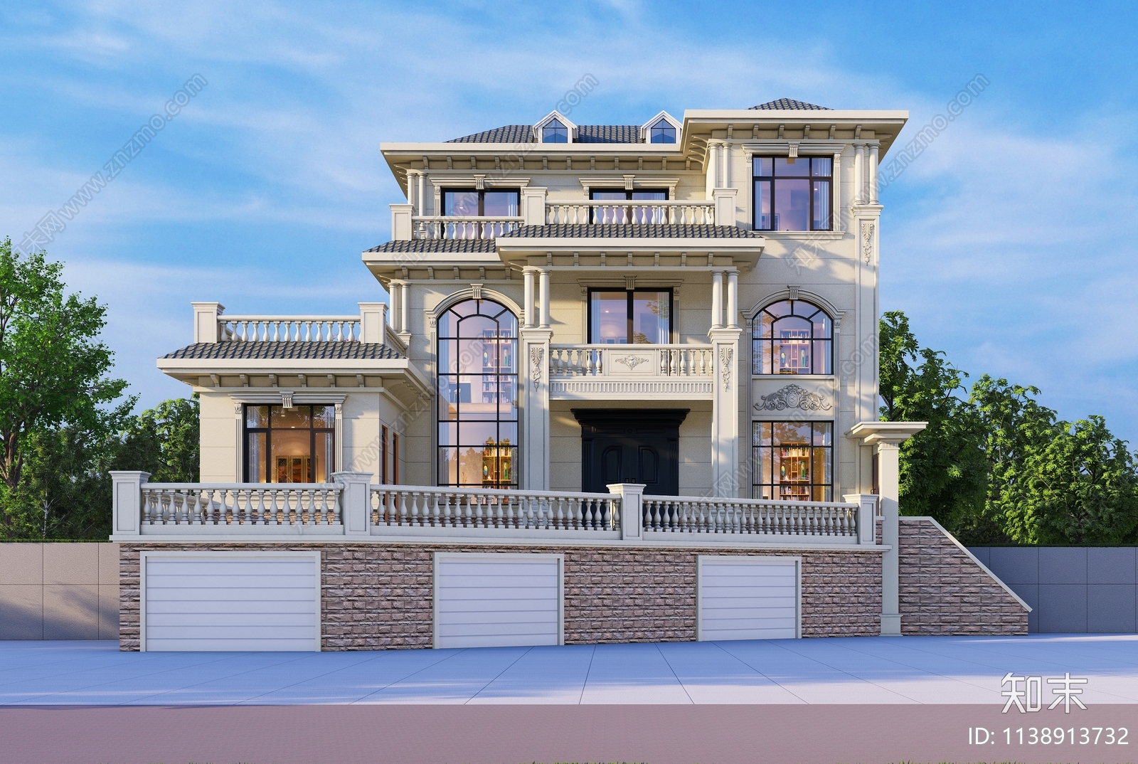 欧式三层独栋别墅平面方案图施工图下载【ID:1138913732】