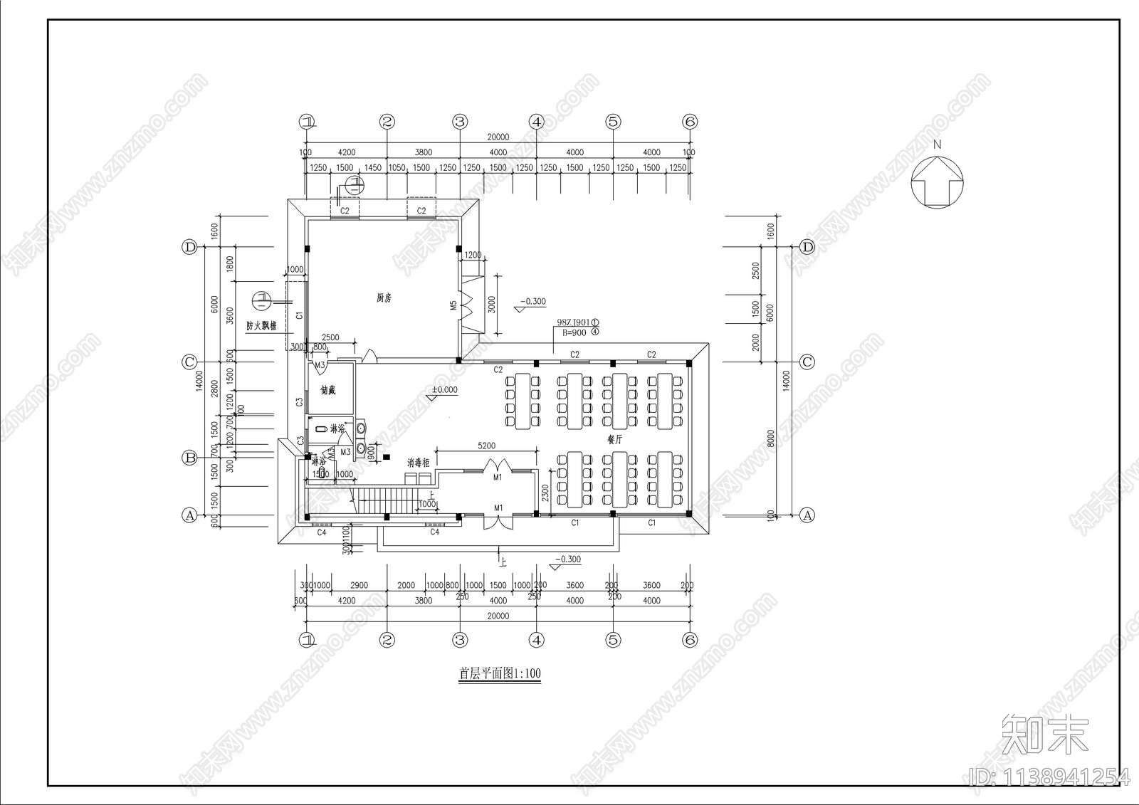 某宿舍餐厅建筑cad施工图下载【ID:1138941254】