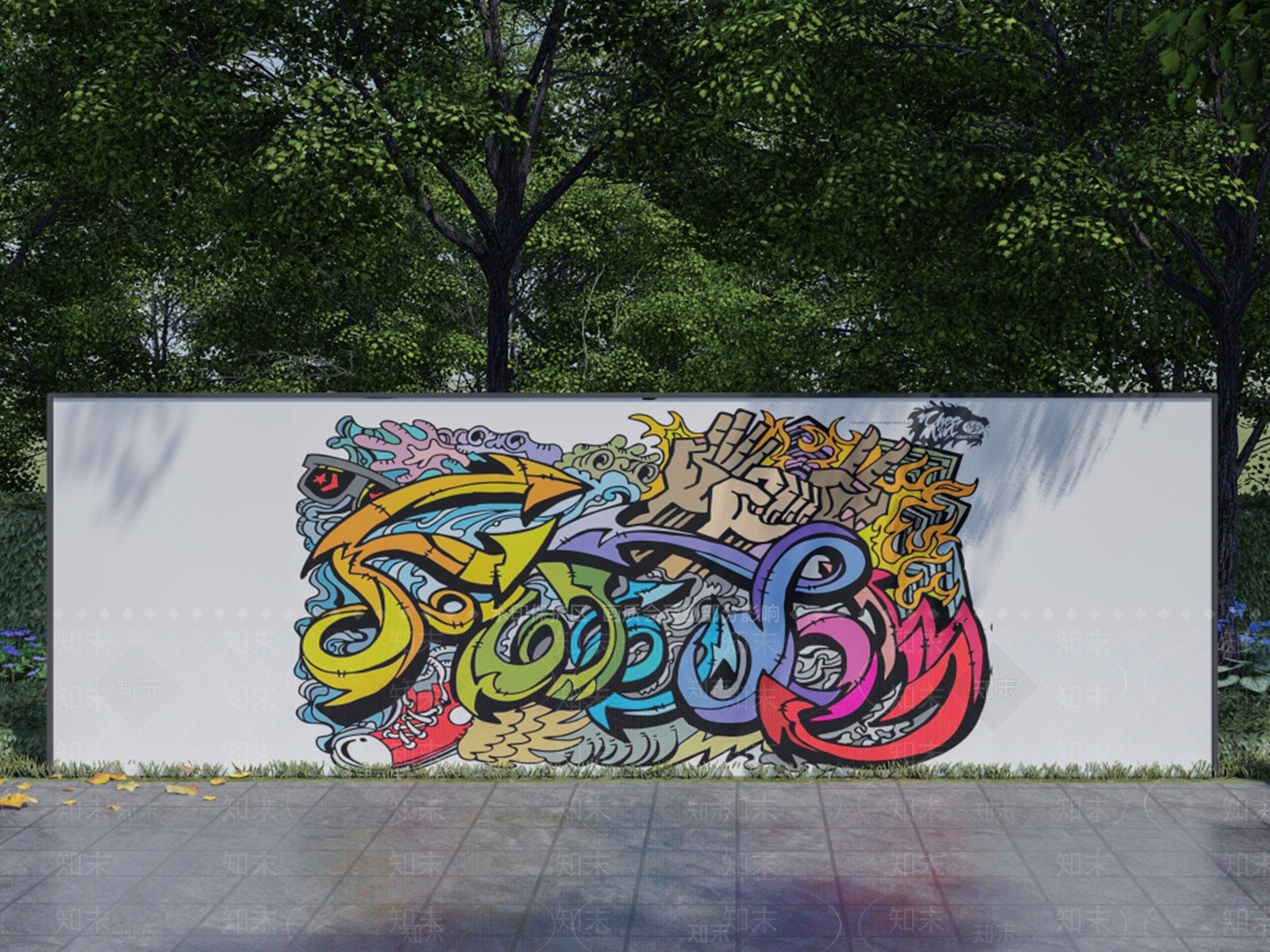 现代涂鸦墙绘景墙围墙SU模型下载【ID:1138966687】