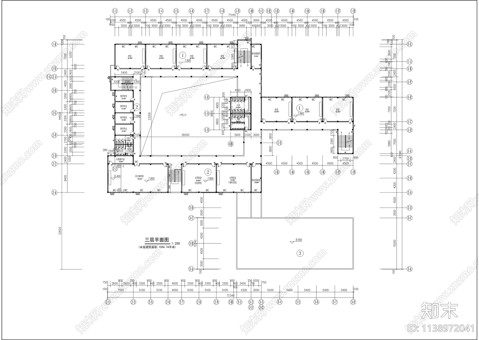 合院型小学教学楼建筑cad施工图下载【ID:1138972041】