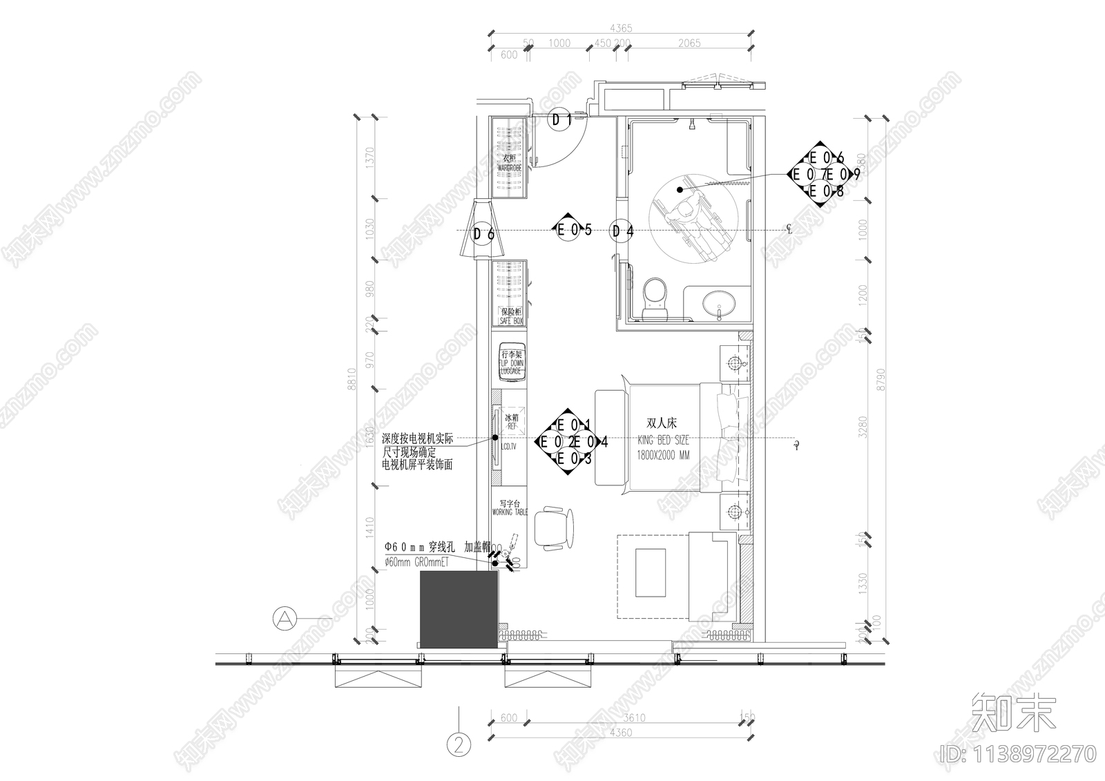 现代经济型酒店客房双人间精装修施工图下载【ID:1138972270】