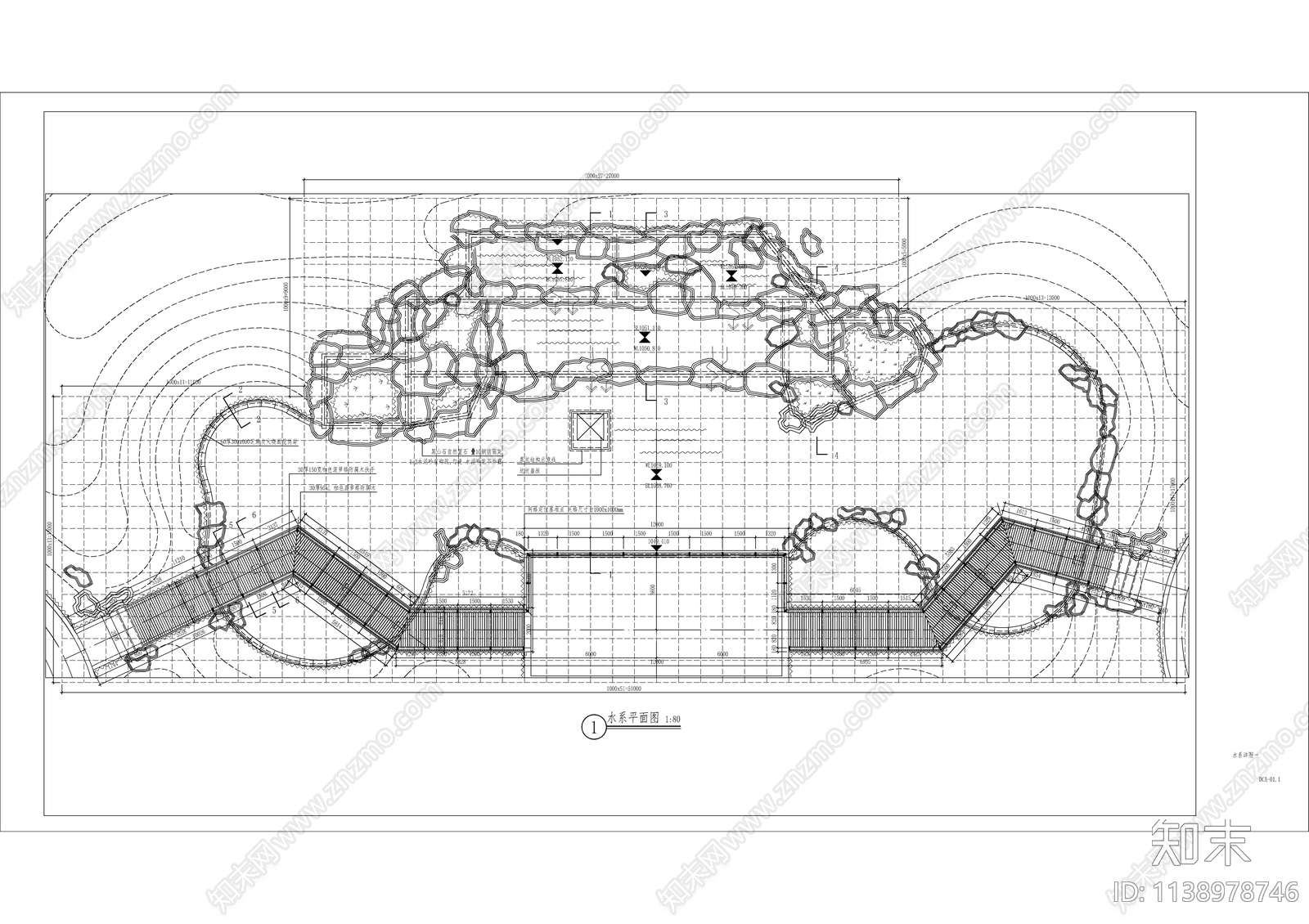 中式假山水系栈道栏杆施工图下载【ID:1138978746】