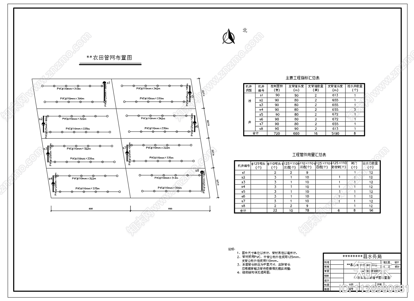 农田节水灌溉输水管道布置cad施工图下载【ID:1138980681】