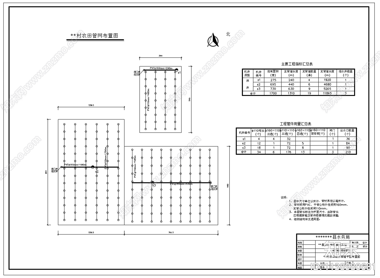 农田节水灌溉输水管道布置cad施工图下载【ID:1138980681】