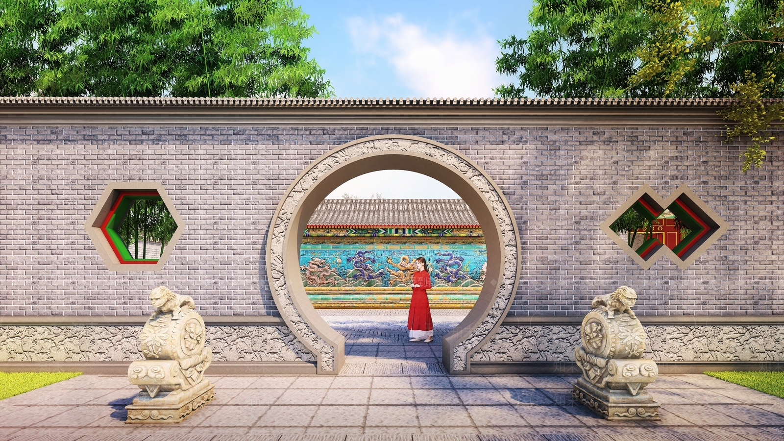 中式京派四合院月门对景SU模型下载【ID:1139010042】