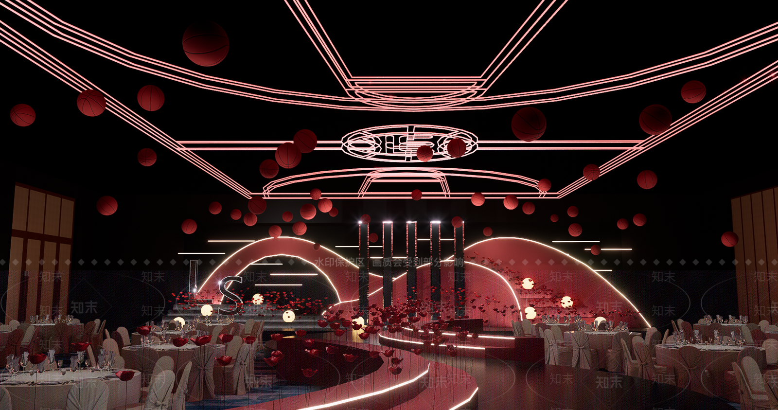 现代红黑篮球主题婚礼su模型