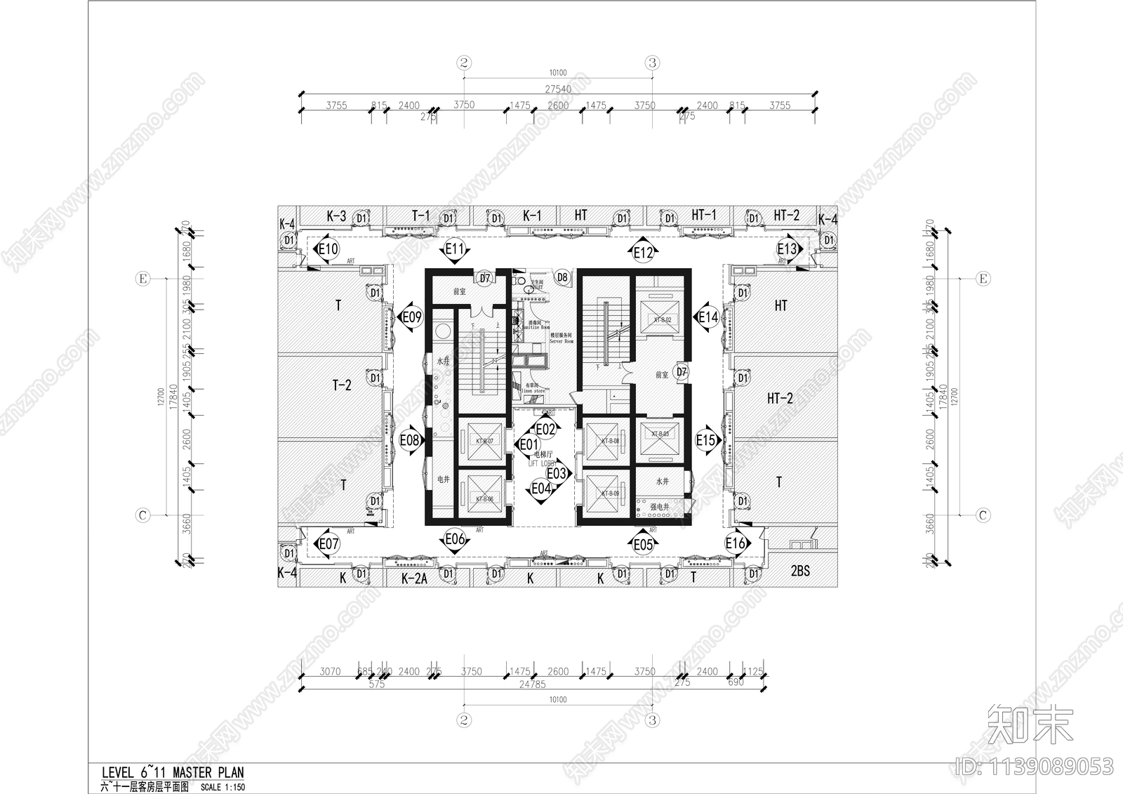 酒店办公楼电梯厅走道公区装修cad施工图下载【ID:1139089053】