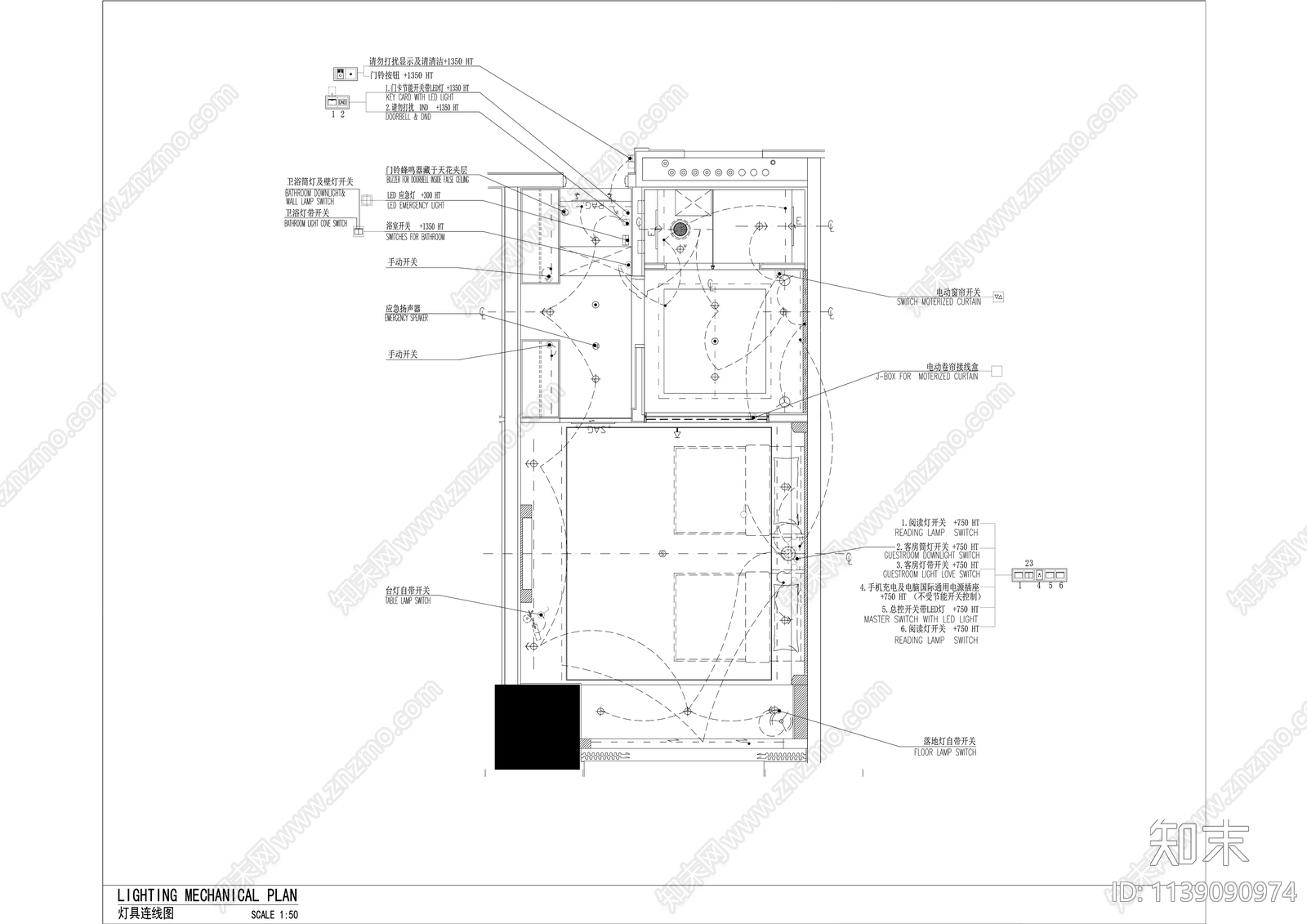现代酒店标准双床房装修cad施工图下载【ID:1139090974】
