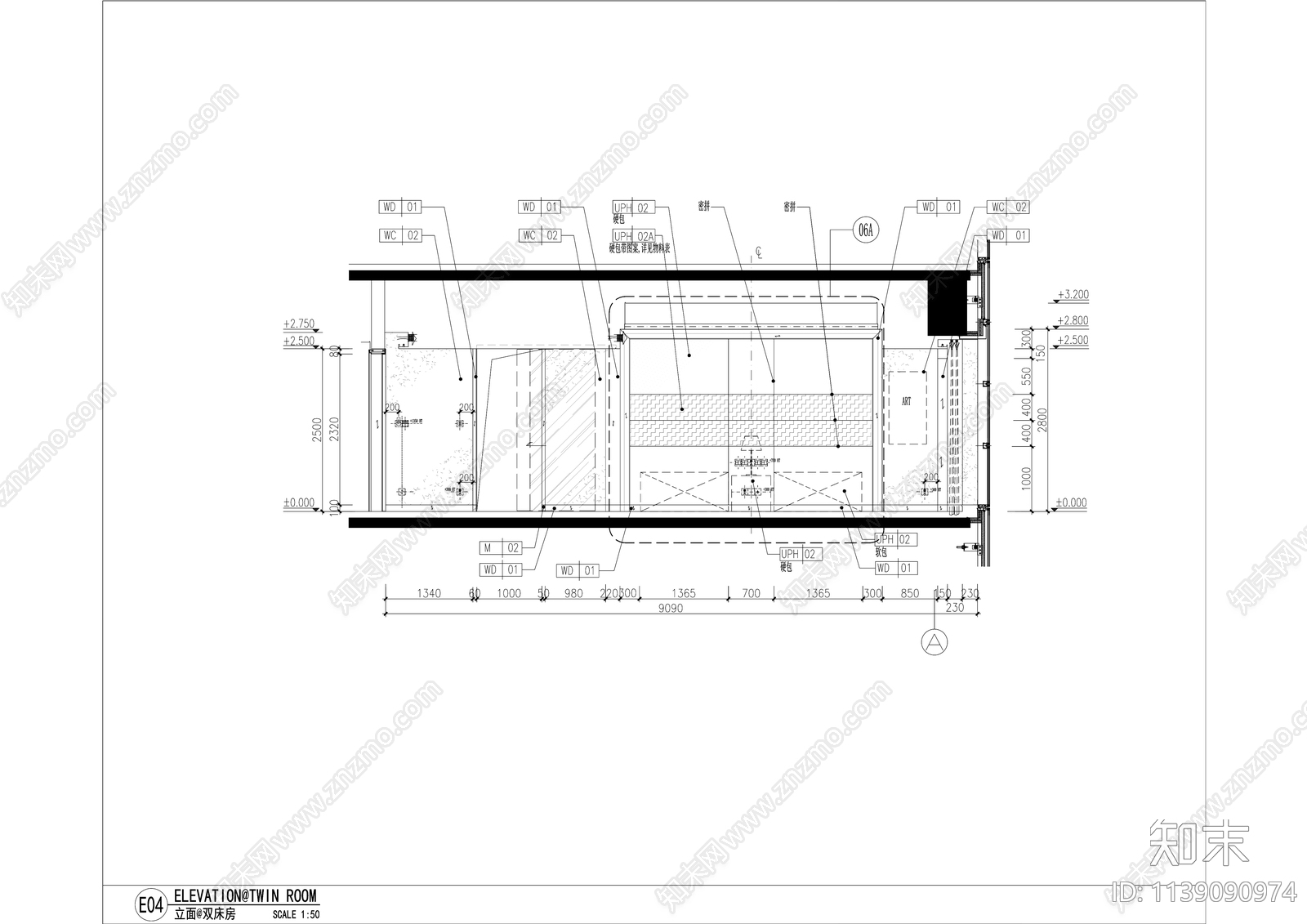 现代酒店标准双床房装修cad施工图下载【ID:1139090974】