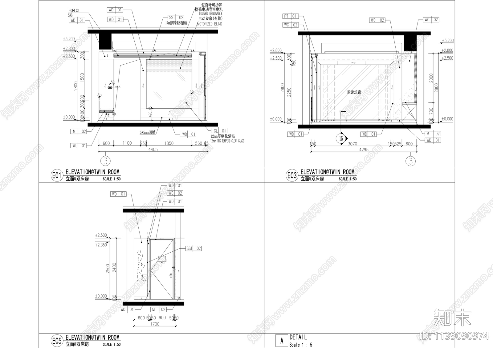 现代酒店标准双床房装修cad施工图下载【ID:1139090974】