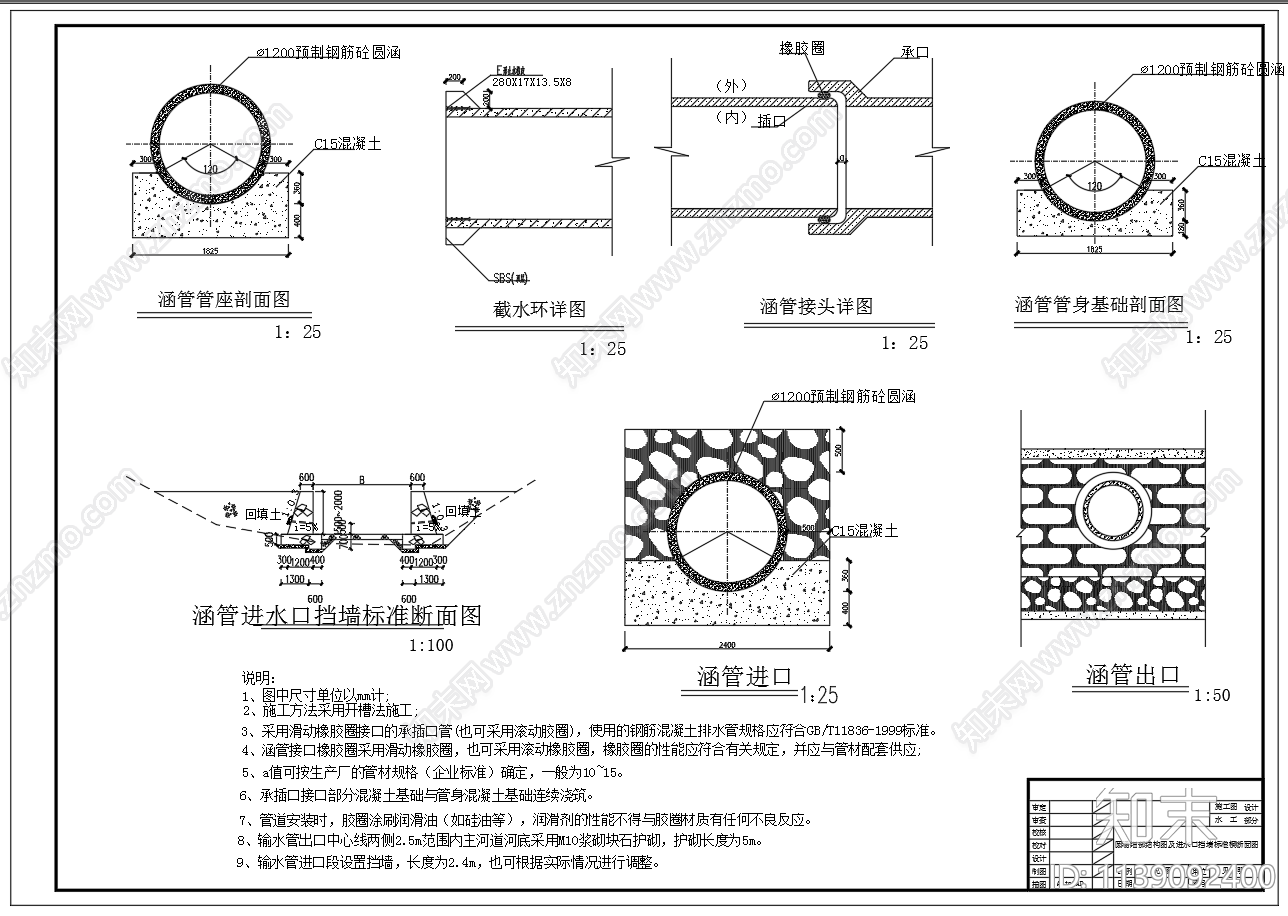 穿堤圆管涵管平面剖面cad施工图下载【ID:1139092400】