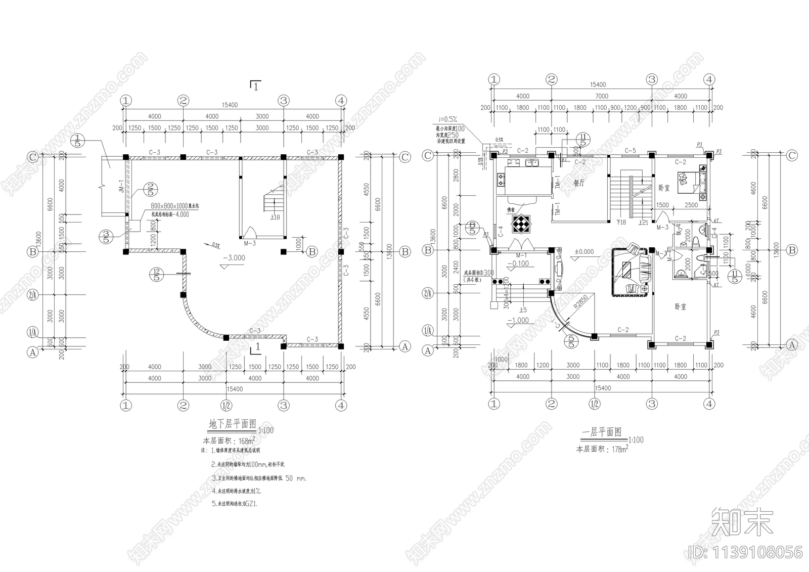 680平2层半独栋别墅建筑全套cad施工图下载【ID:1139108056】