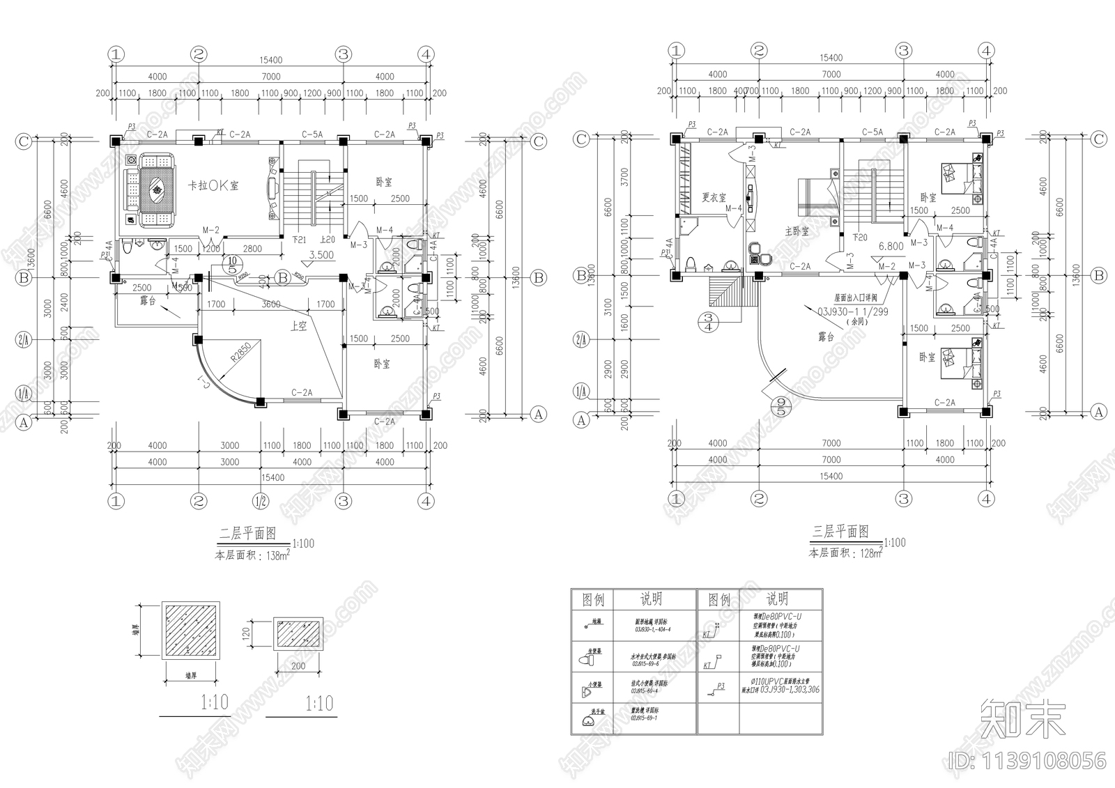 680平2层半独栋别墅建筑全套cad施工图下载【ID:1139108056】