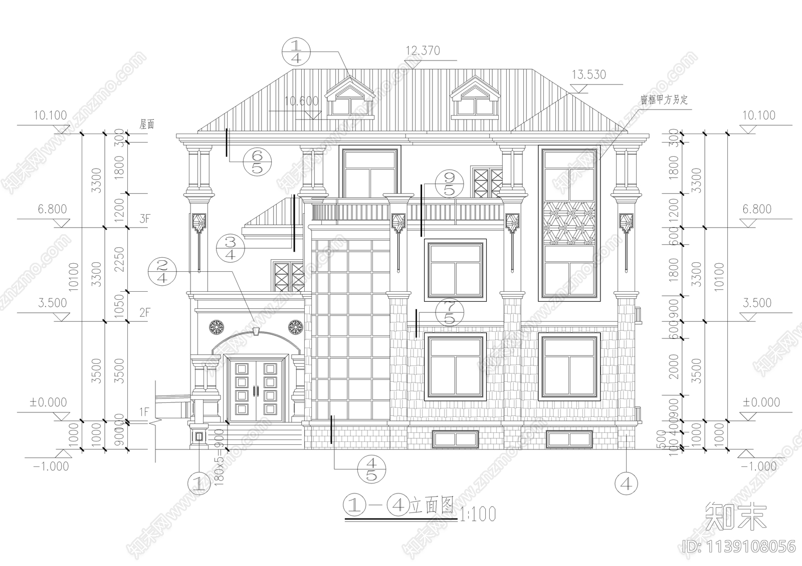 680平2层半独栋别墅建筑全套cad施工图下载【ID:1139108056】