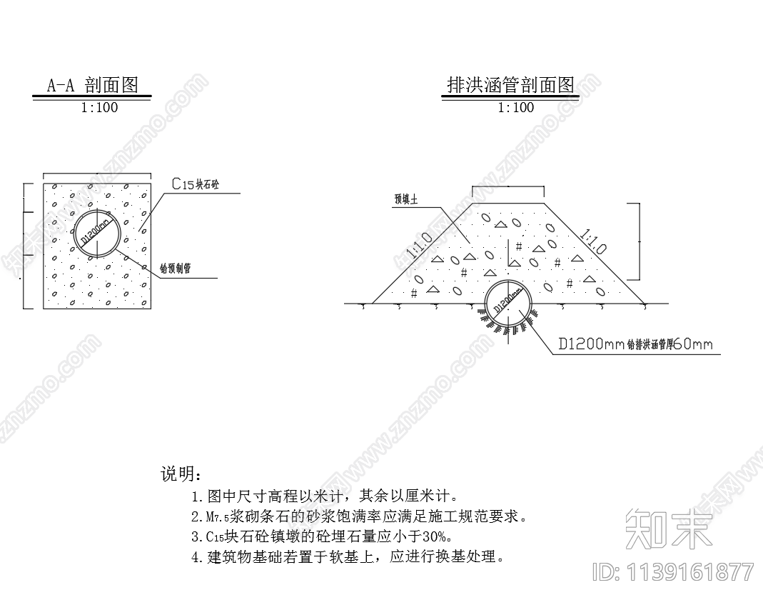 排洪涵管平面剖面cad施工图下载【ID:1139161877】