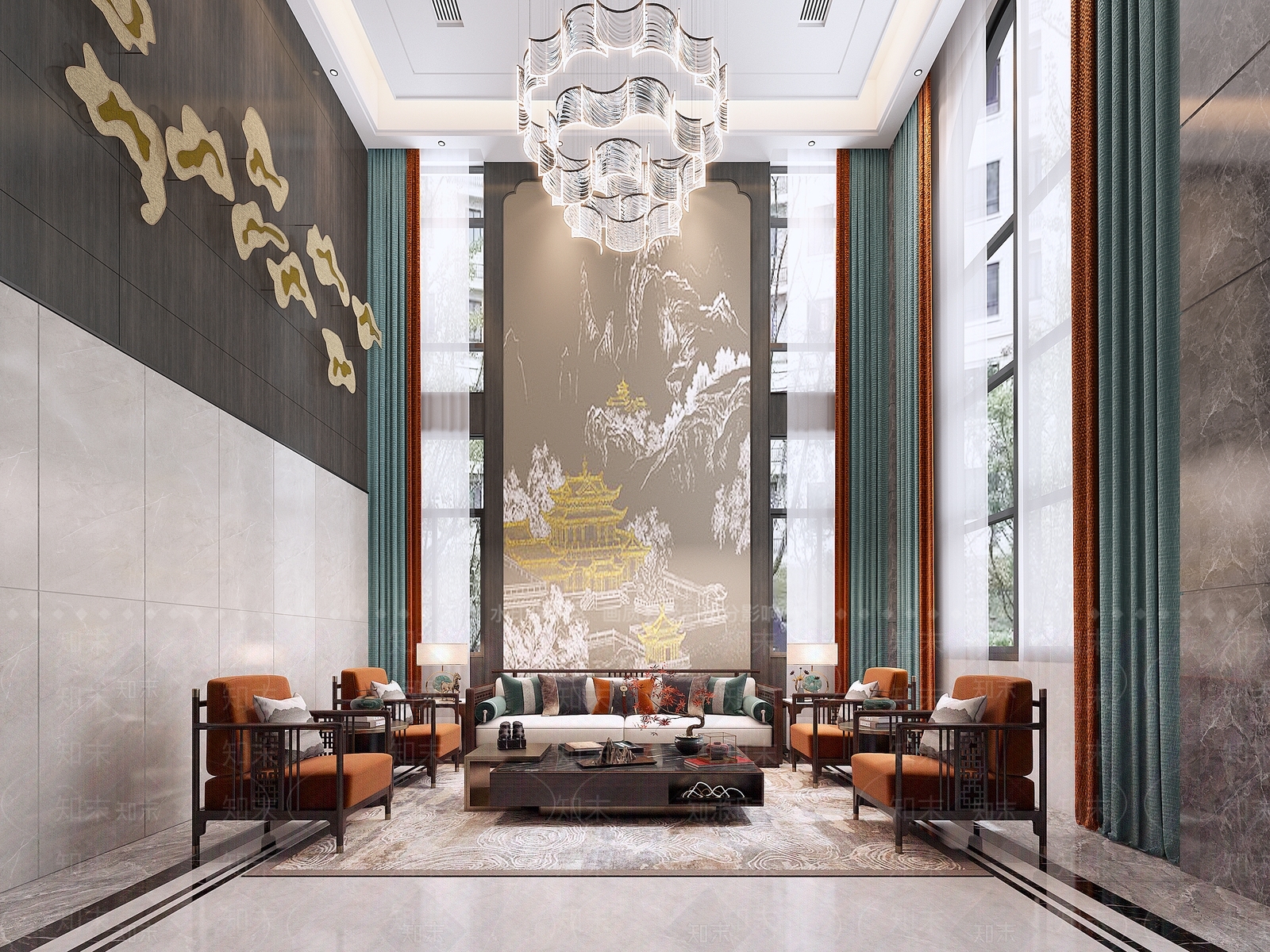 新中式别墅复式客厅3D模型下载【ID:1139171004】