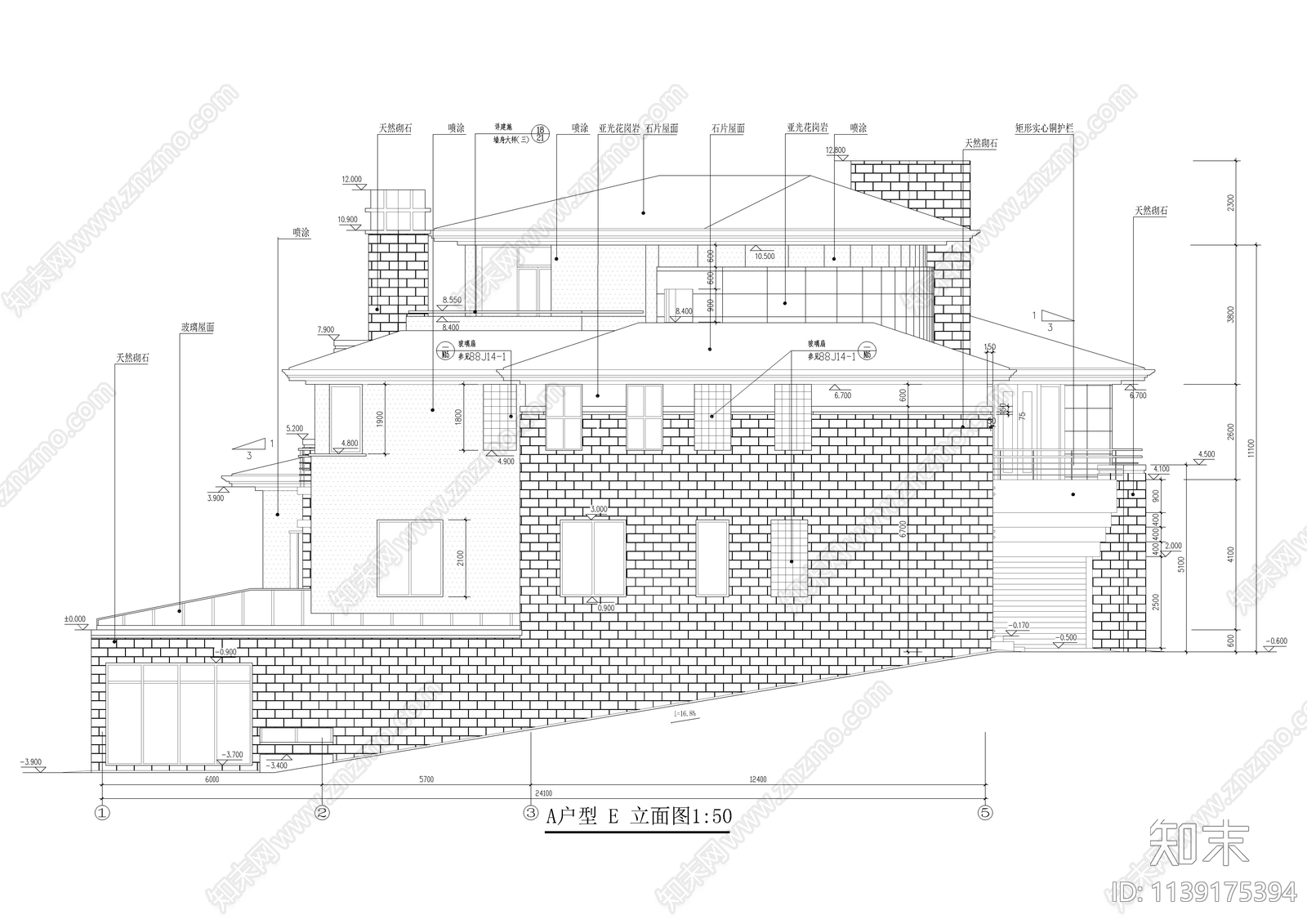 坡地三层别墅建筑施工图下载【ID:1139175394】