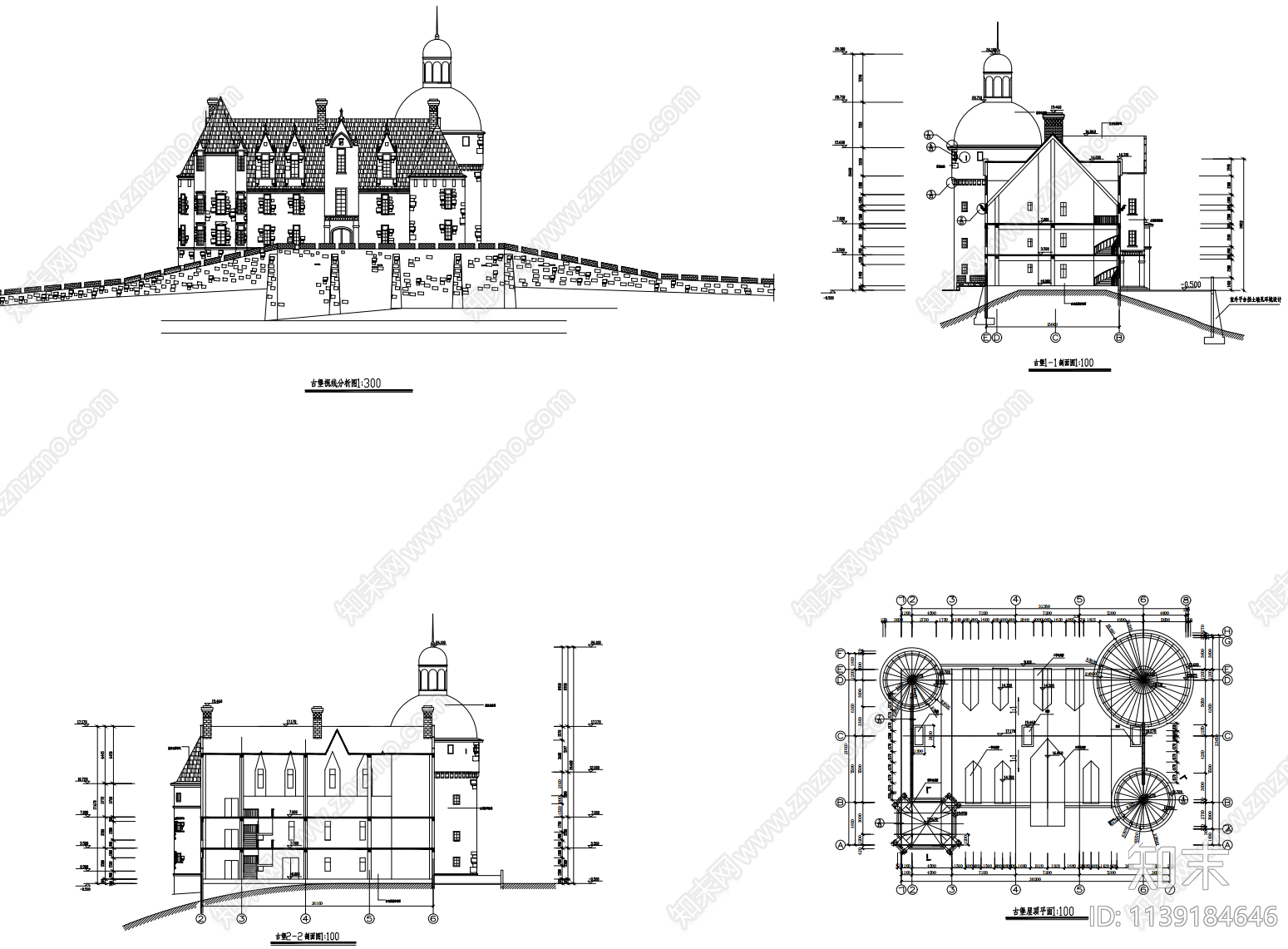 欧式古堡建筑cad施工图下载【ID:1139184646】