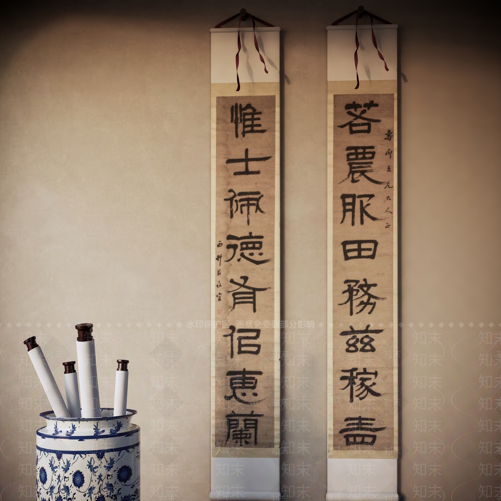 新中式书法装饰挂画SU模型下载【ID:1139190473】