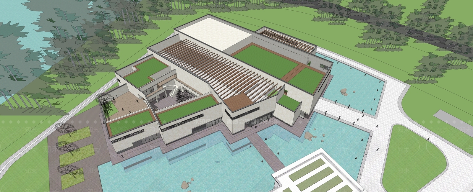 新中式展览馆建筑SU模型下载【ID:1139193216】