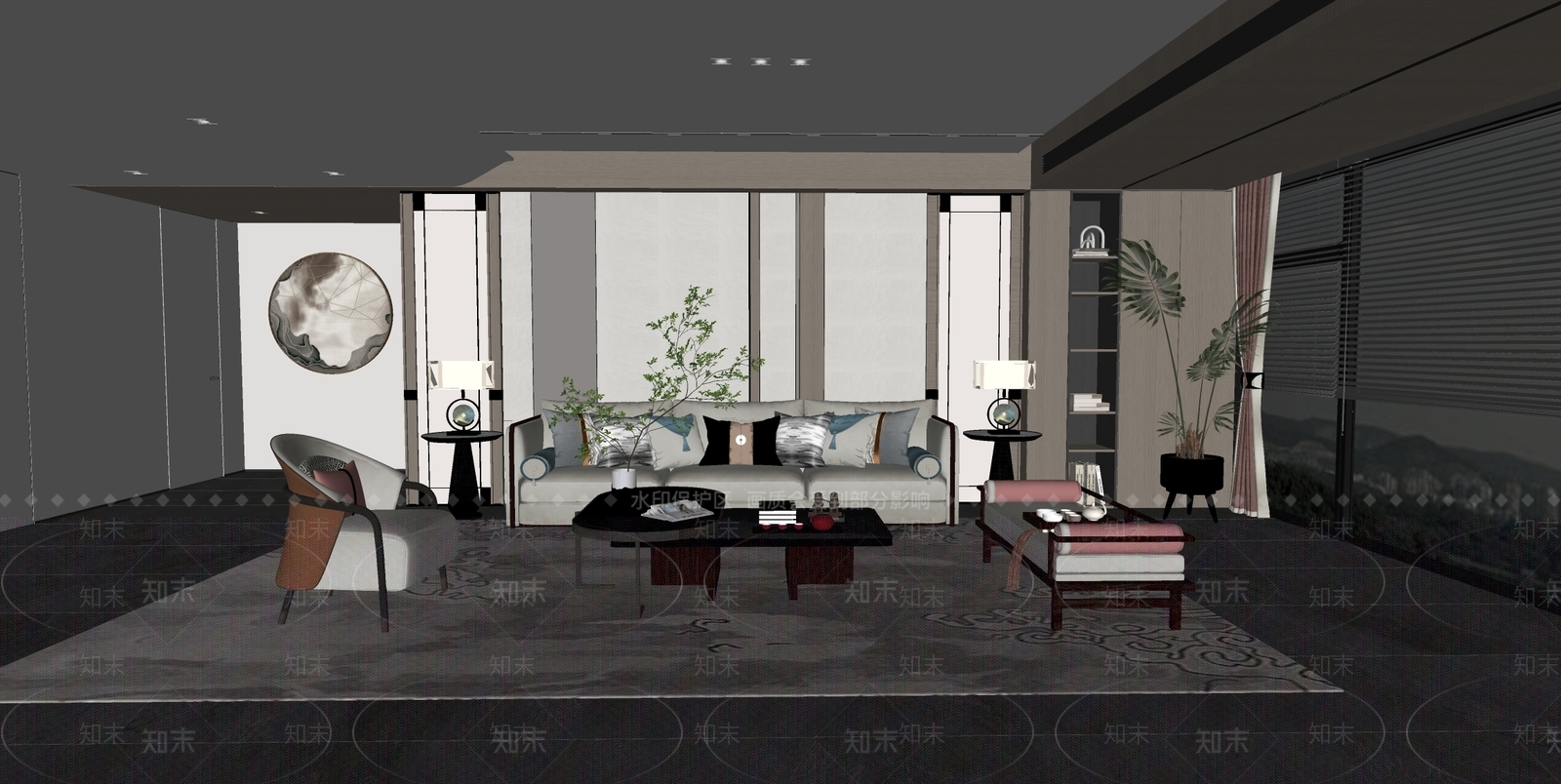 新中式客厅SU模型下载【ID:1139245542】_知末su模型网