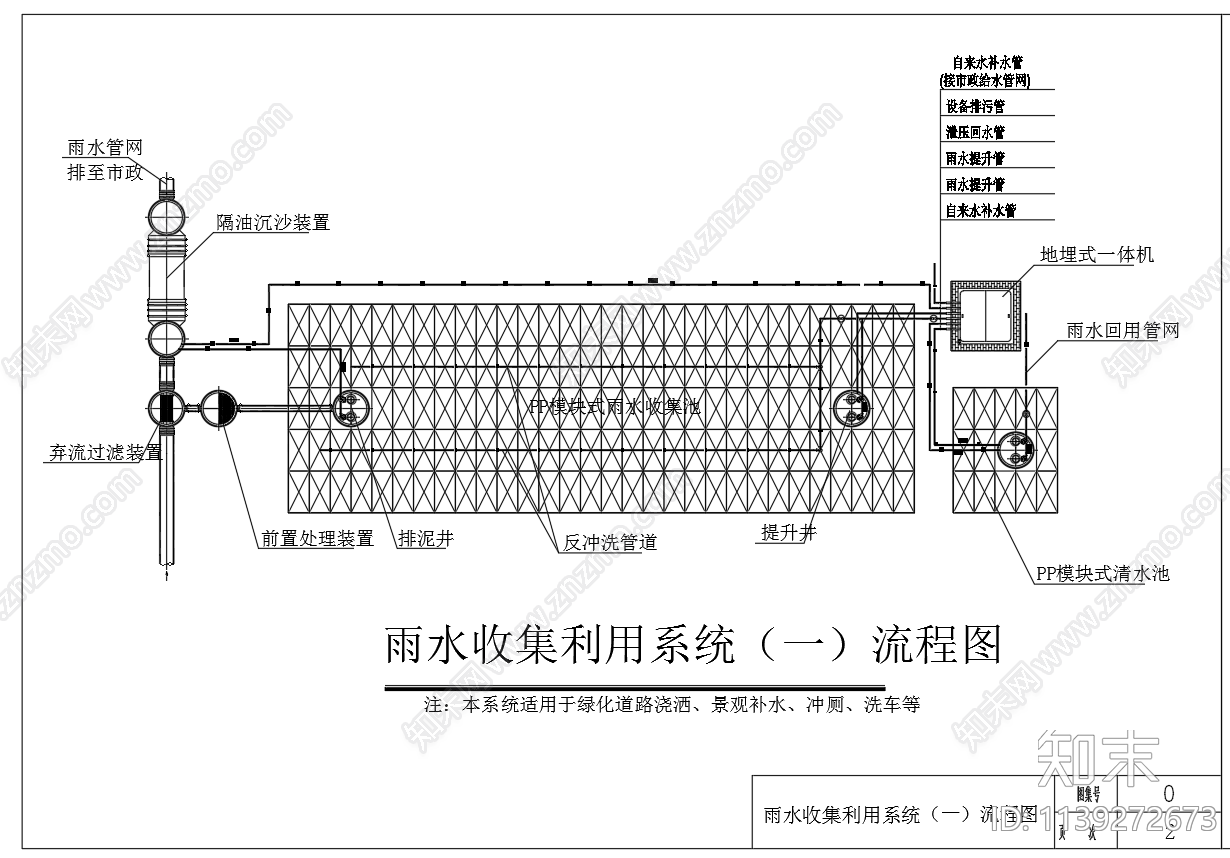 雨水收集利用系统流程cad施工图下载【ID:1139272673】