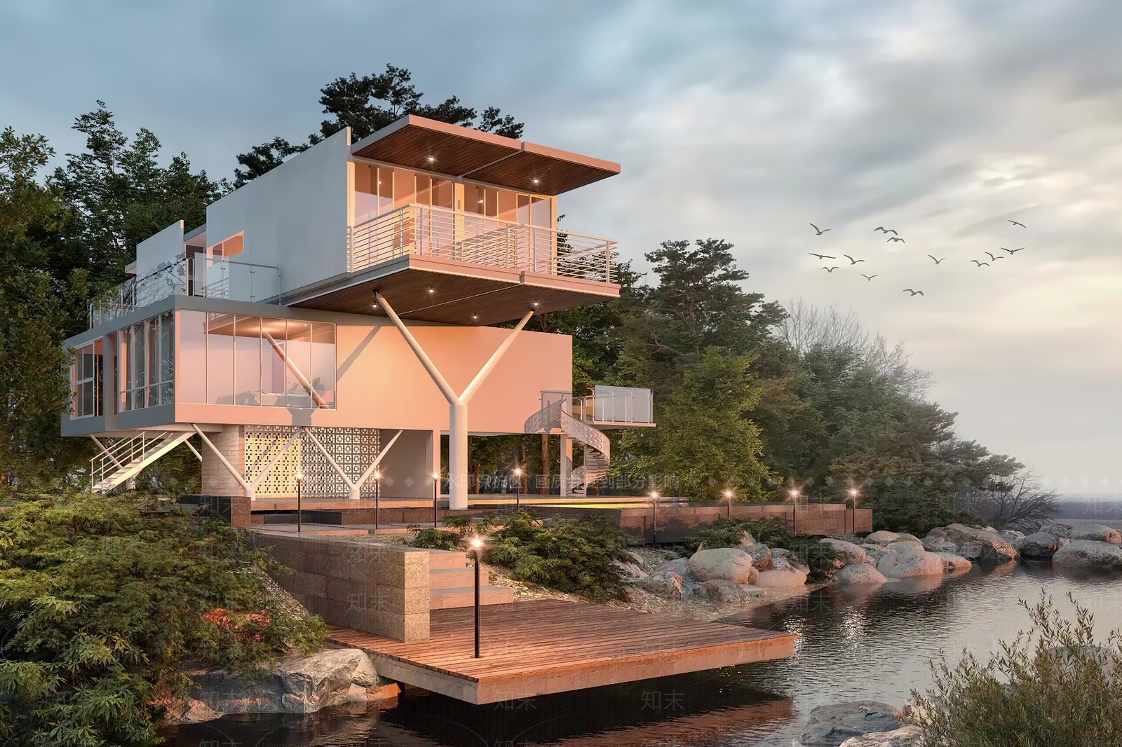 现代滨水独栋别墅SU模型下载【ID:1139279617】