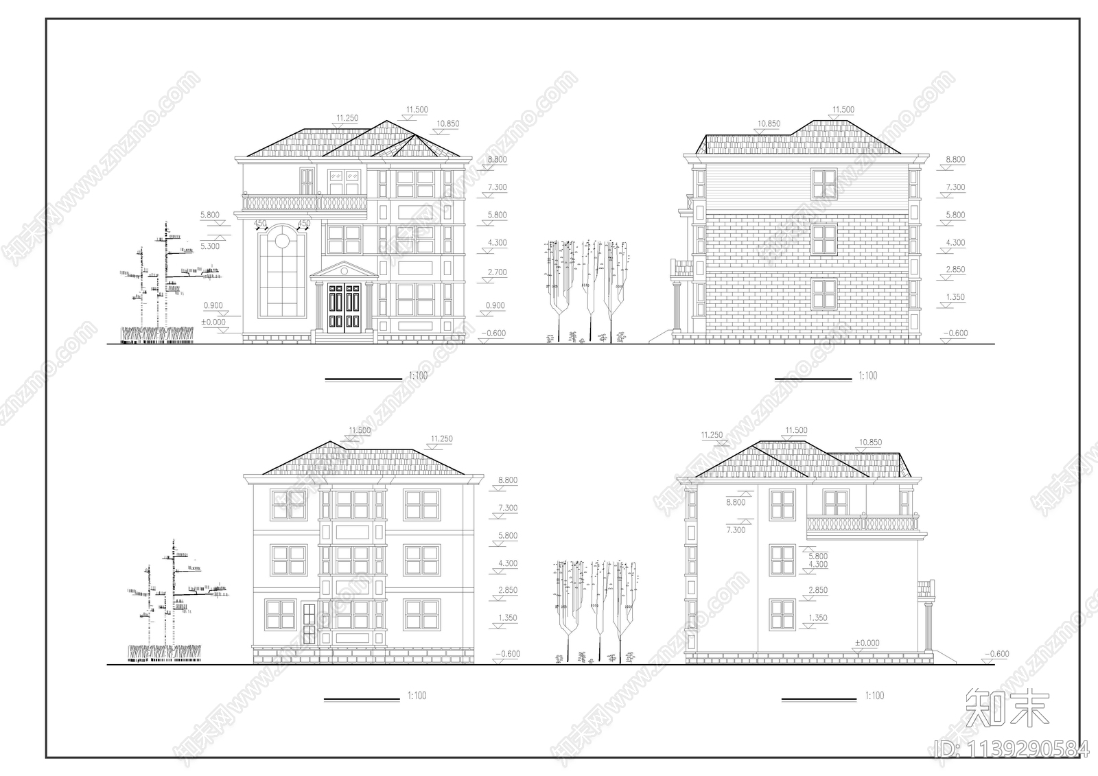 坡屋顶徽派别墅建筑cad施工图下载【ID:1139290584】