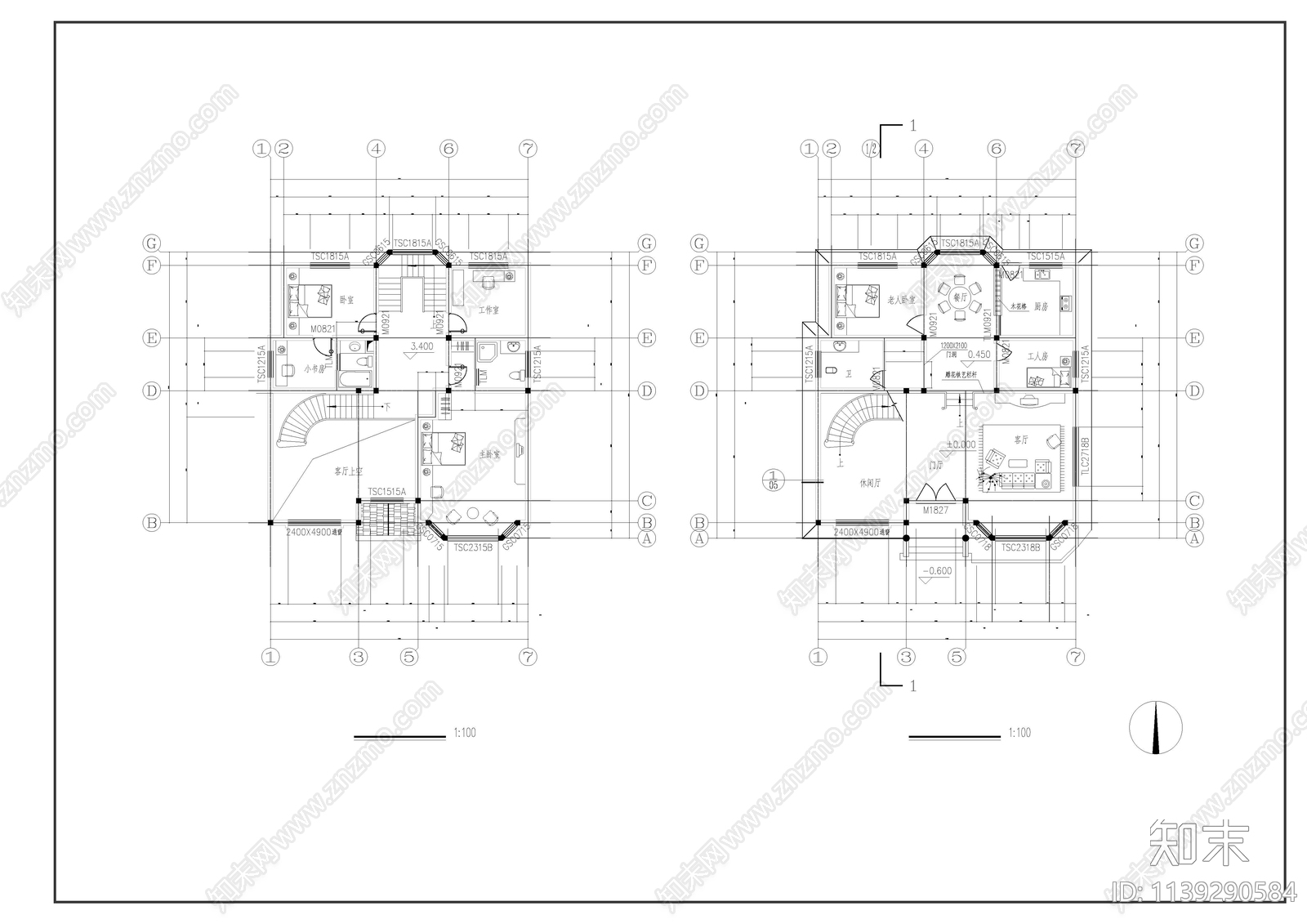 坡屋顶徽派别墅建筑cad施工图下载【ID:1139290584】