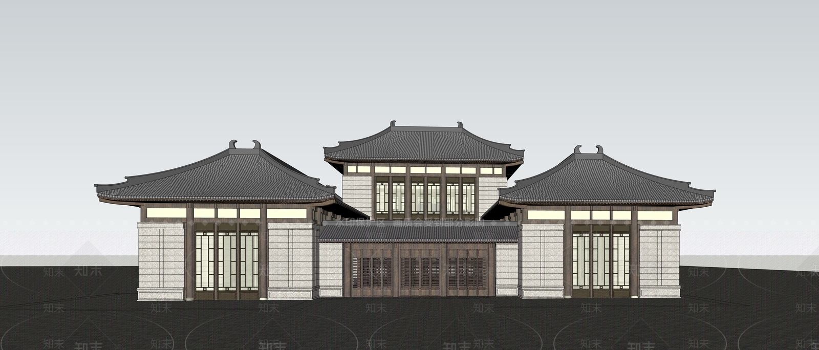 中式风格展览馆建筑SU模型下载【ID:1139321726】