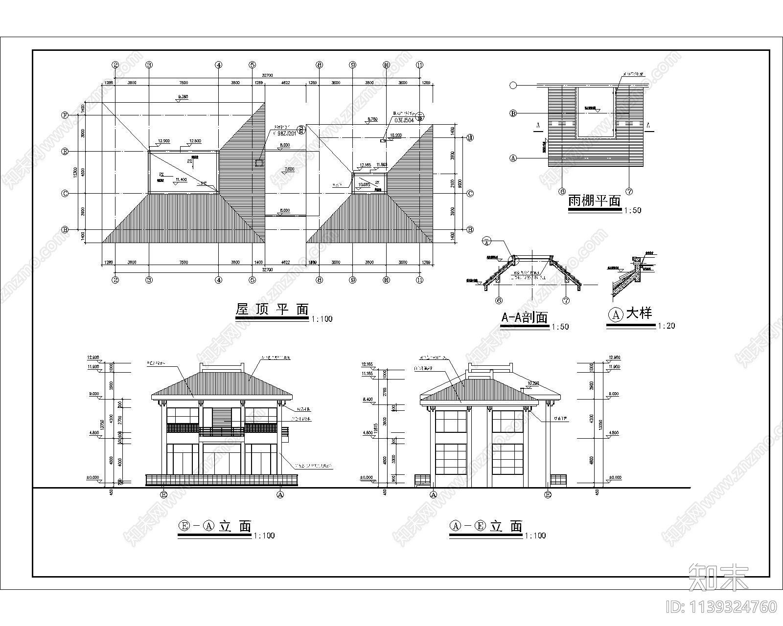 会所建筑平立剖cad施工图下载【ID:1139324760】