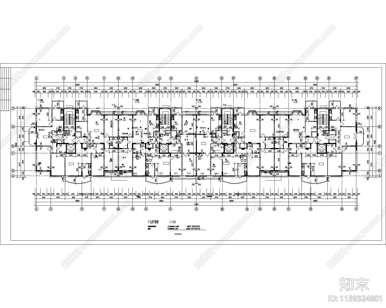 多层小区住宅楼建筑cad施工图下载【ID:1139324801】