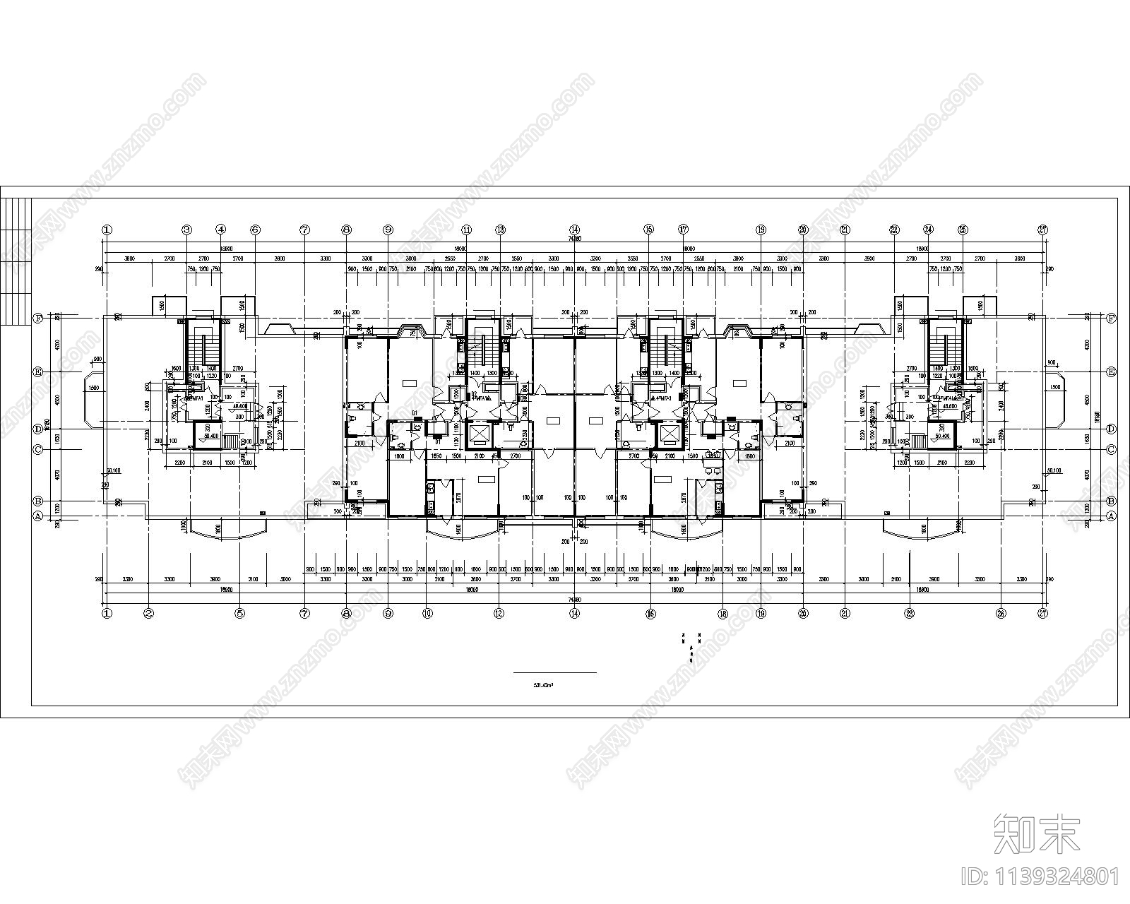 多层小区住宅楼建筑cad施工图下载【ID:1139324801】