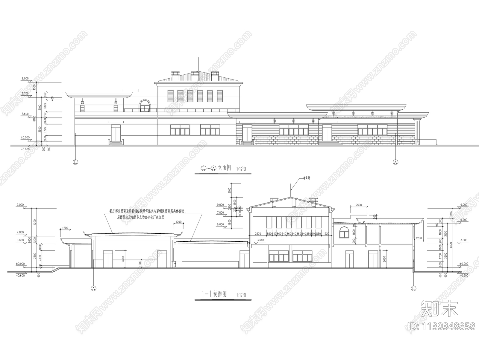 学院食堂建筑cad施工图下载【ID:1139348858】