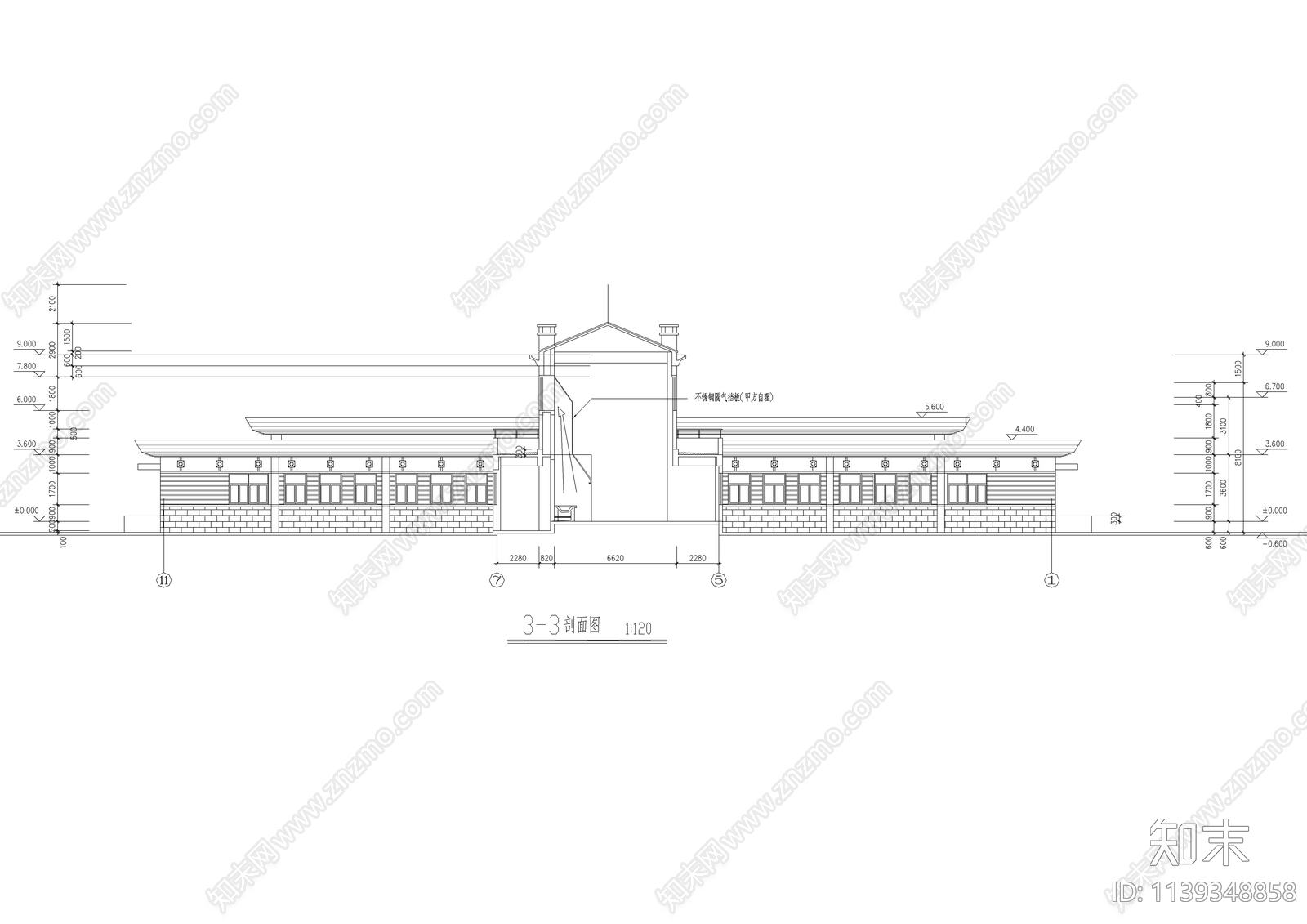 学院食堂建筑cad施工图下载【ID:1139348858】