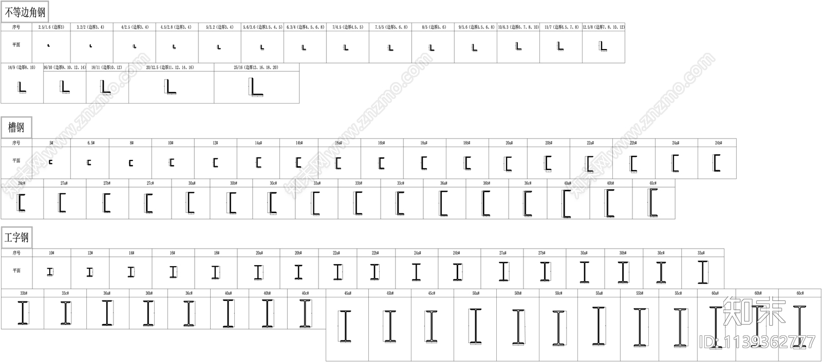 各种钢材型号施工图下载【ID:1139362777】