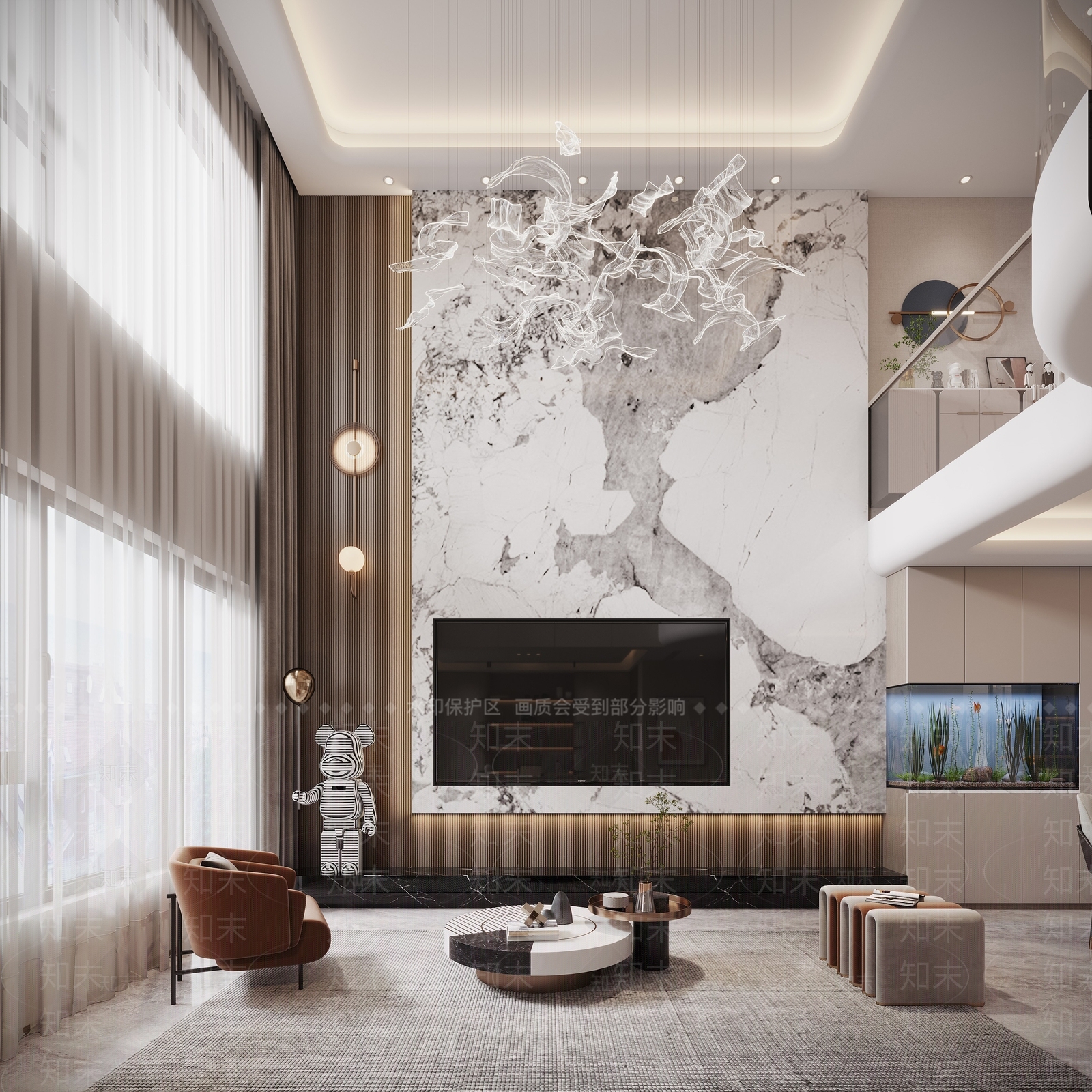 现代挑高别墅客餐厅3D模型下载【ID:1139371632】_知末3d模型网