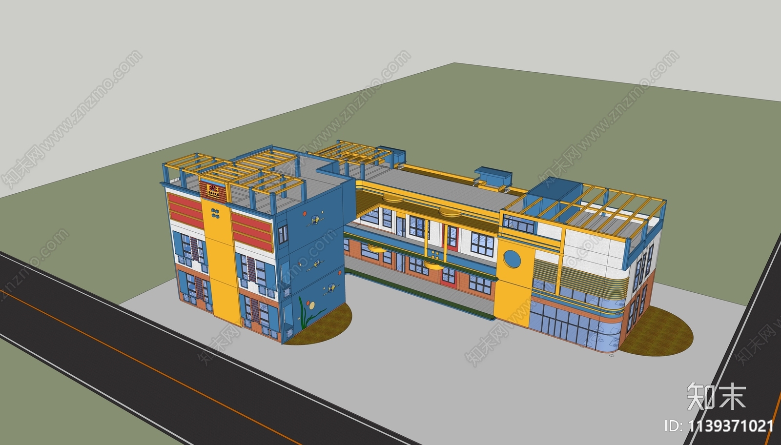 现代跳色幼儿园建筑SU模型下载【ID:1139371021】