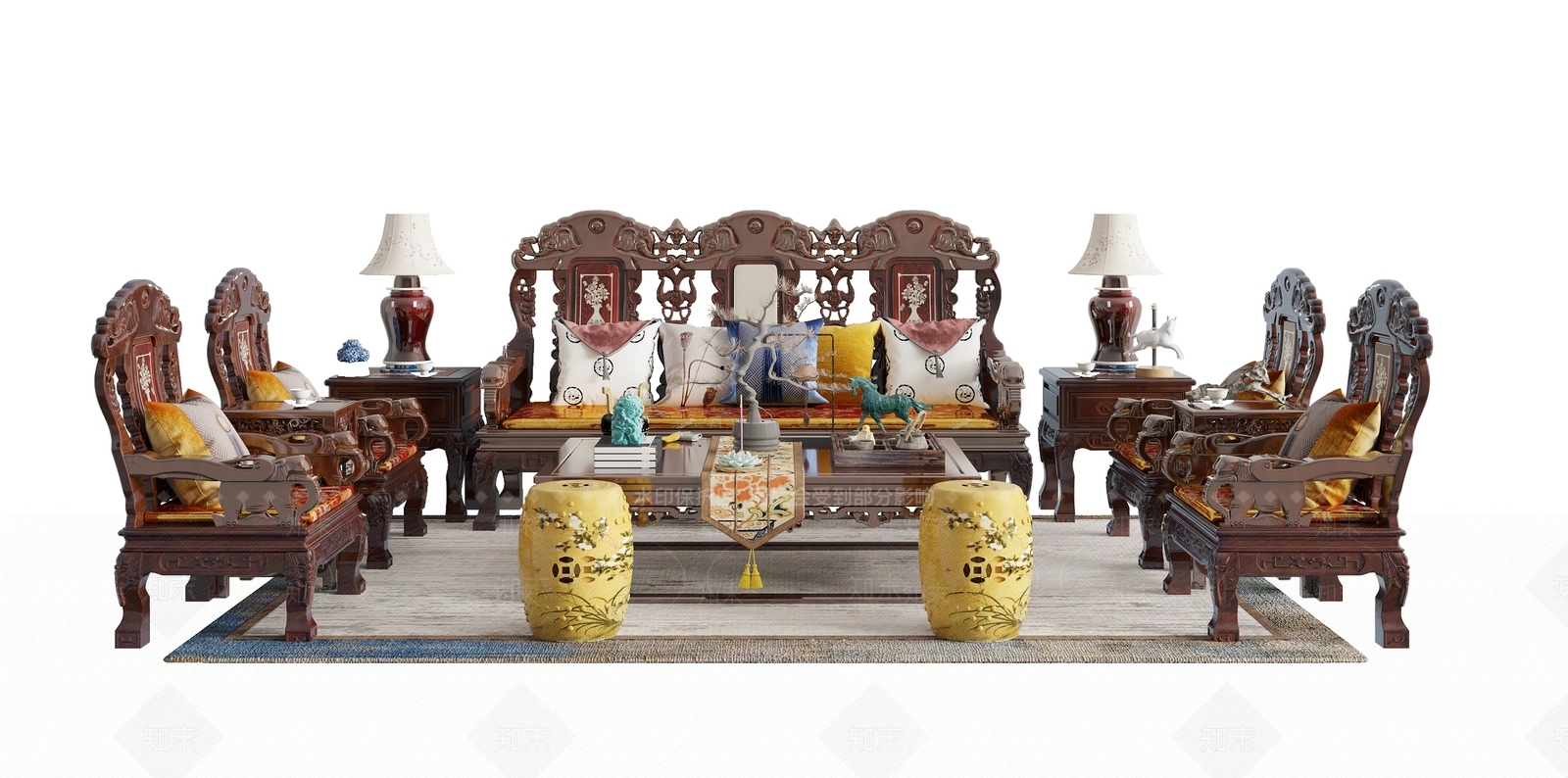 中式红木沙发茶几组合3D模型下载【ID:1139374080】