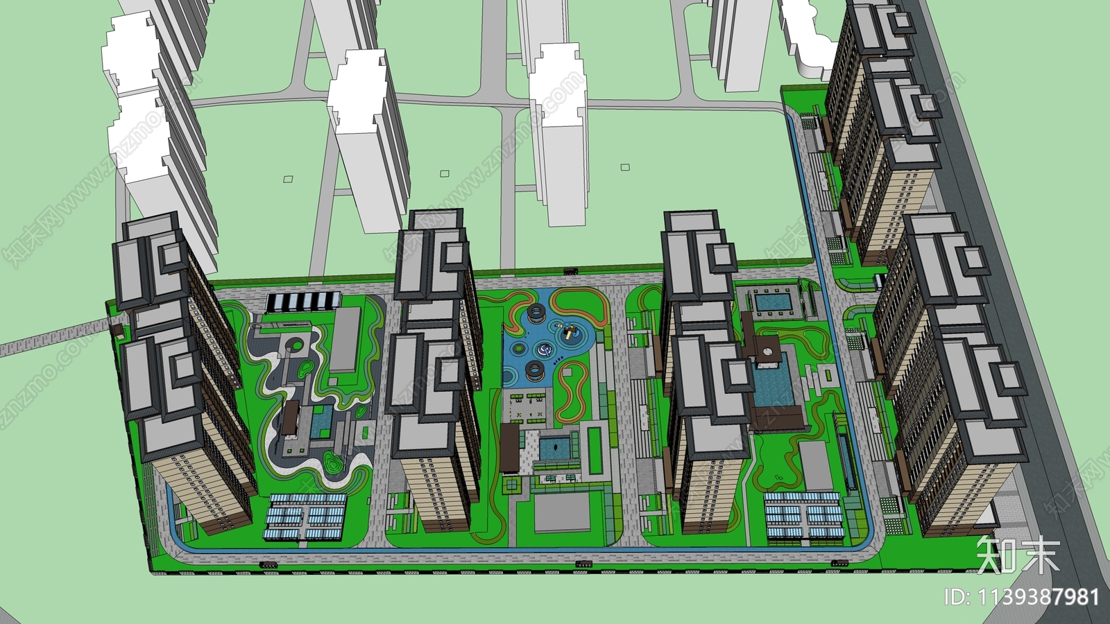 新中式小区景观SU模型下载【ID:1139387981】