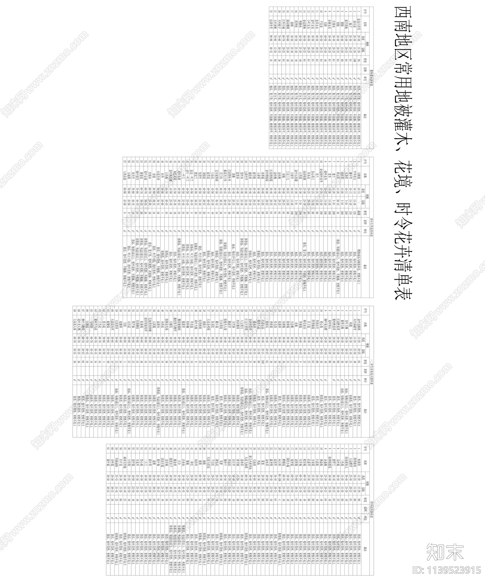 西南地区常用地被灌木花境时令花卉清单表施工图下载【ID:1139523915】