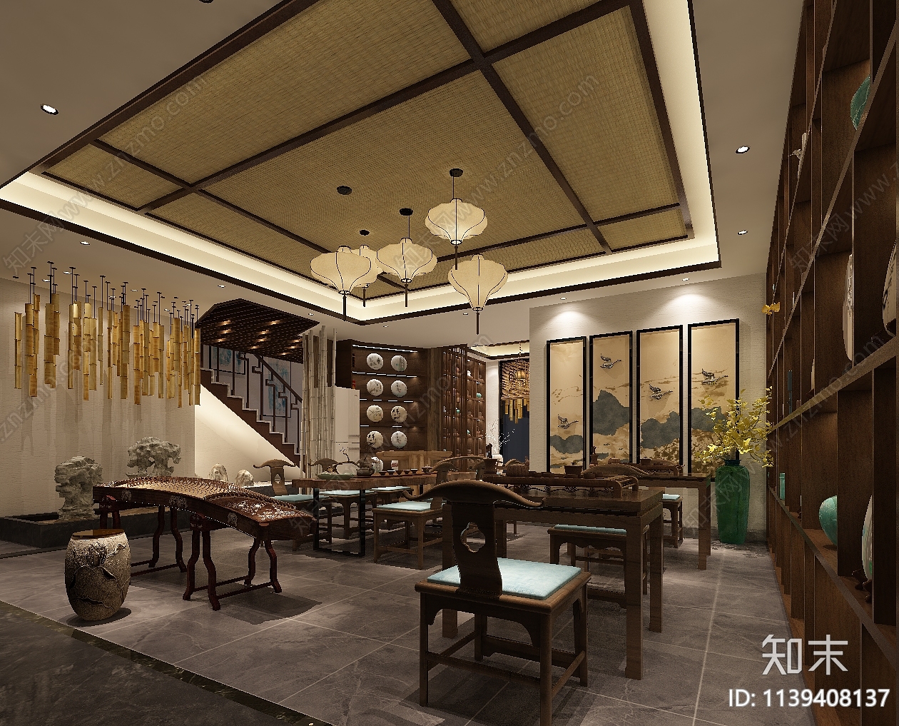 深南大道茶馆装修效果图cad施工图下载【ID:1139408137】