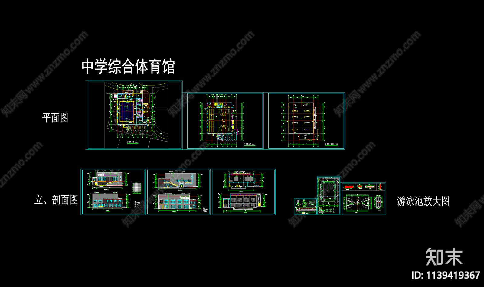中学体育馆建筑cad施工图下载【ID:1139419367】