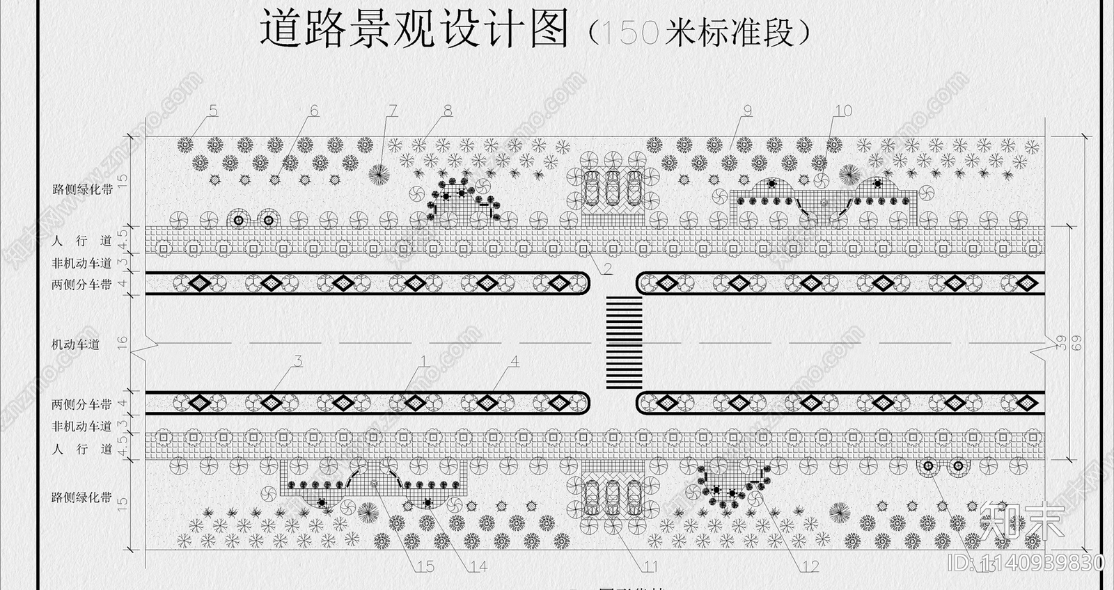 道路景观规划平面图cad施工图下载【ID:1140939830】