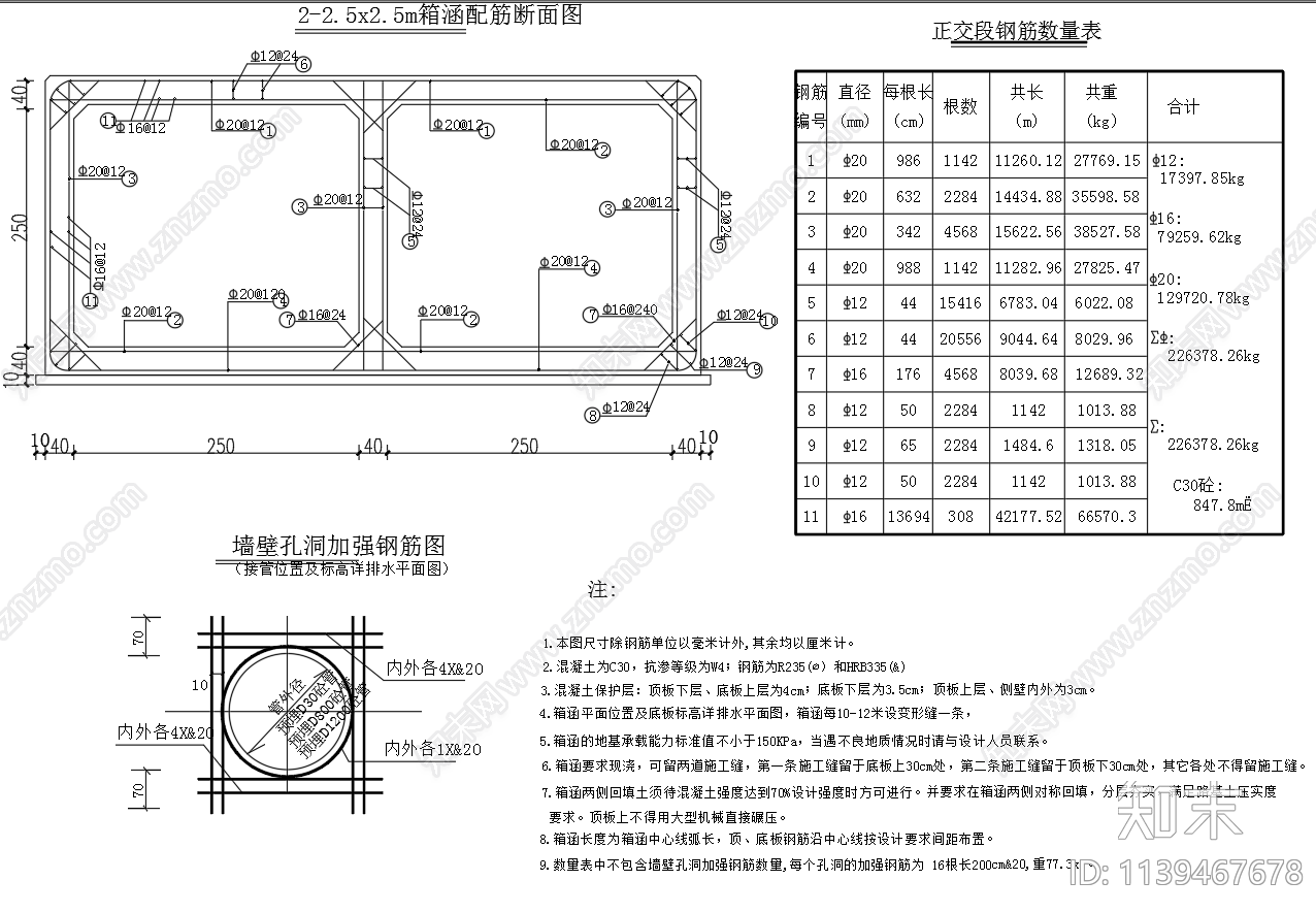 市政道路雨水箱涵结构配筋cad施工图下载【ID:1139467678】