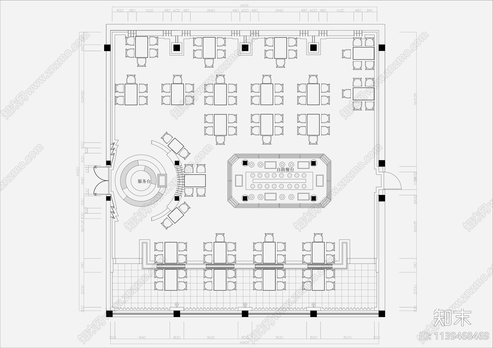 250㎡自助餐厅室内平面图cad施工图下载【ID:1139468469】