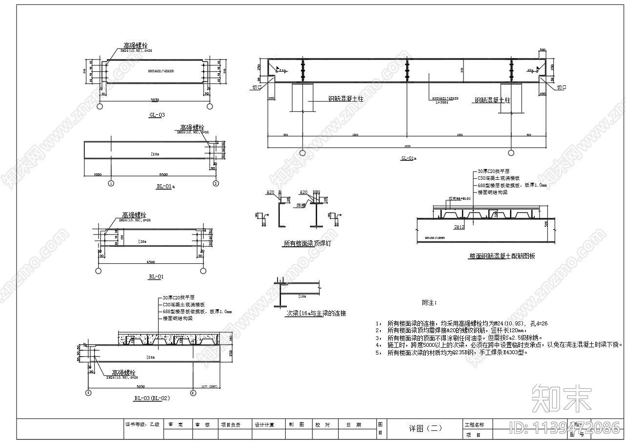 玻璃钢桥平面剖面cad施工图下载【ID:1139472086】