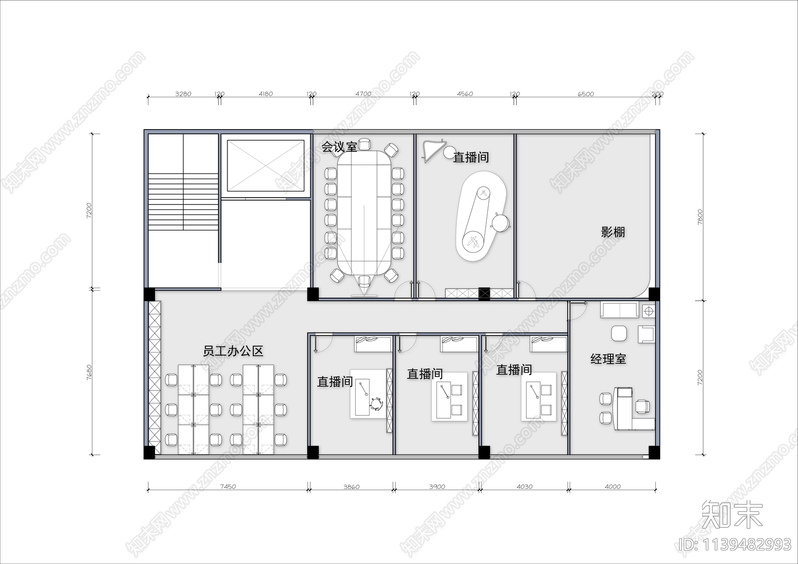 网红直播公司室内平面图cad施工图下载【ID:1139482993】